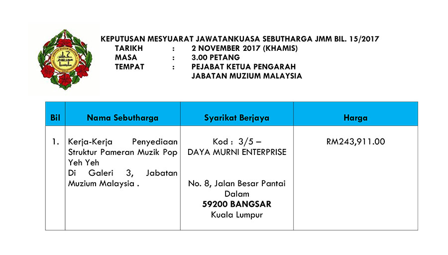 (SEBUTHARGA) Keputusan Mesyuarat Sebutharga JMM Bil. 15 Tahun 2017