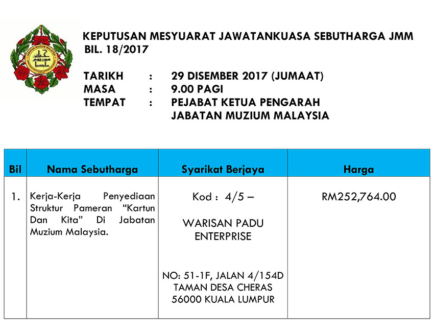 (SEBUTHARGA) Keputusan Mesyuarat Sebutharga JMM Bil. 18 Tahun 2017