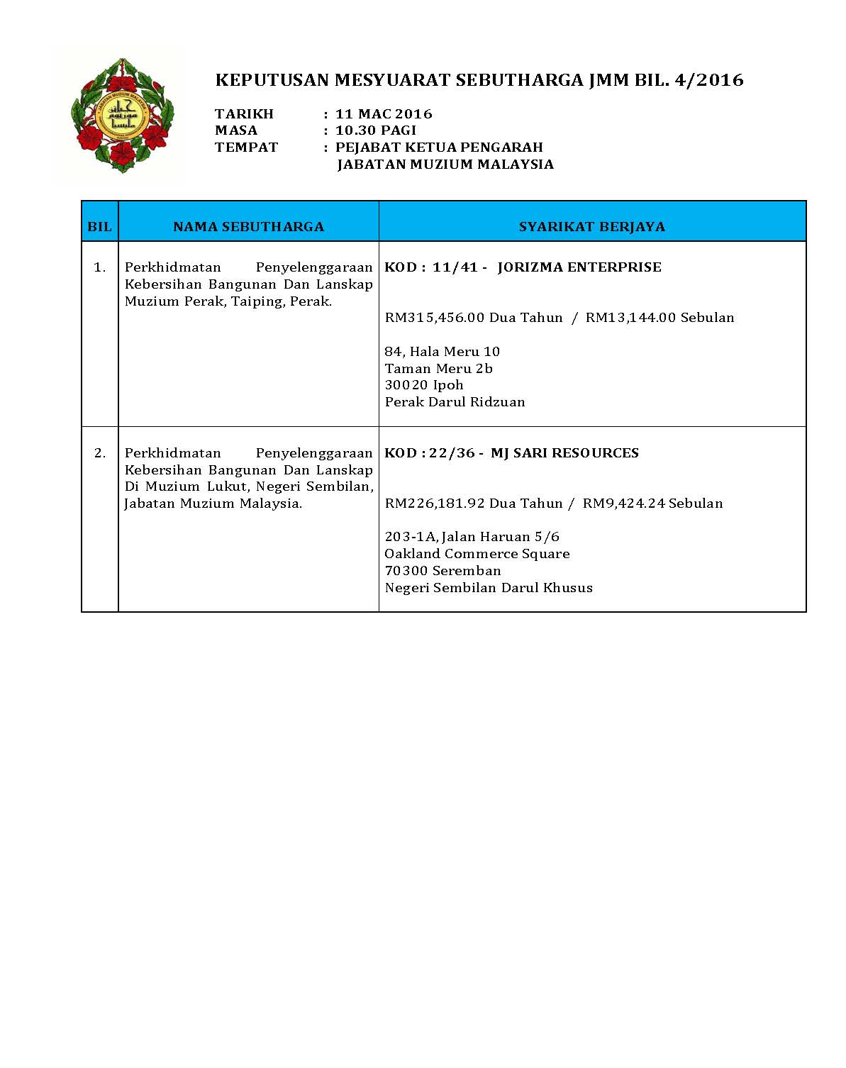 Keputusan Mesyuarat Sebutharga JMM Bilangan 3 Tahun 2016