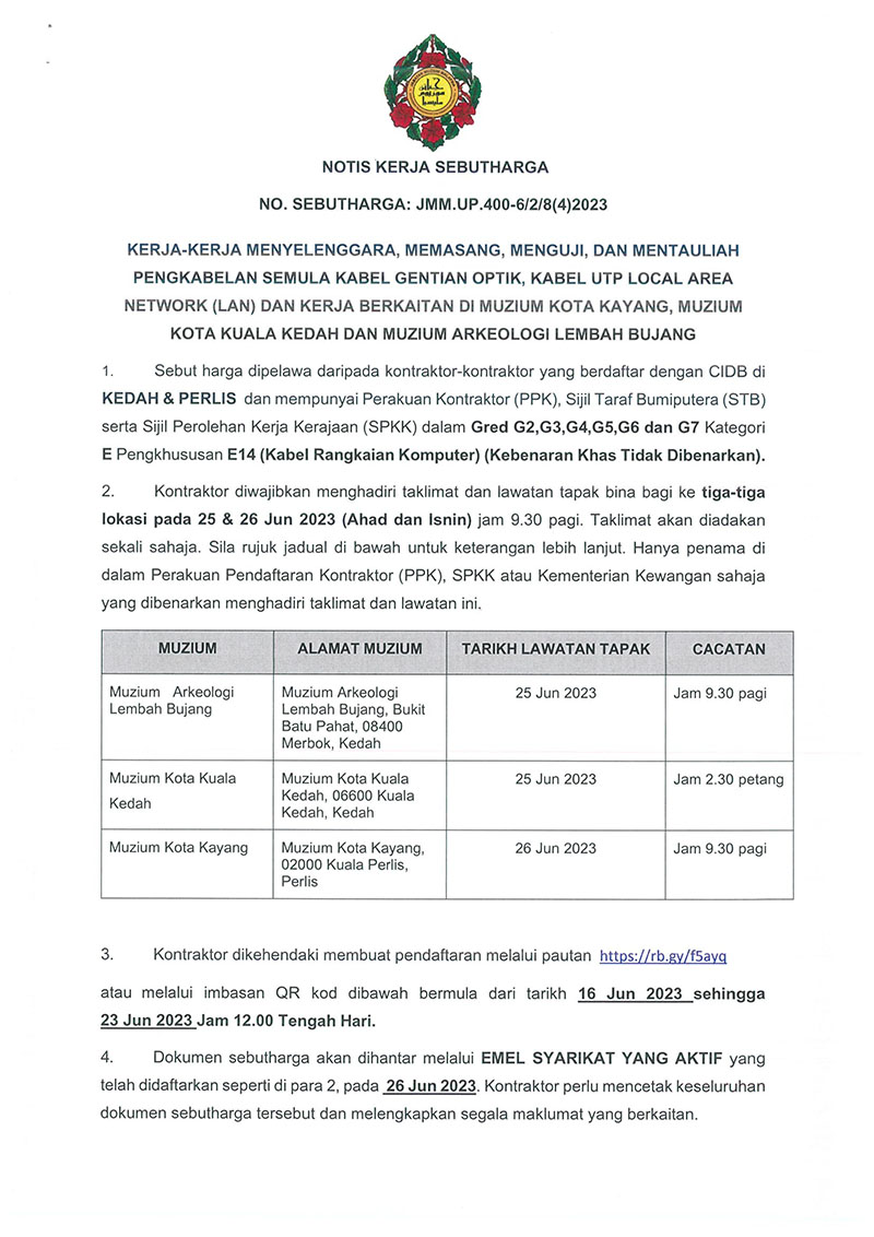 (Notis Sebutharga) Kerja-Kerja Menyelenggara, Memasang, Menguji, Dan Mentauliah Pengkabelan Semula Kabel Gentian Optik, Kabel Utp Local Area Network (Lan) dan Kerja Berkaitan Di MKK, MKKK, dan MALB