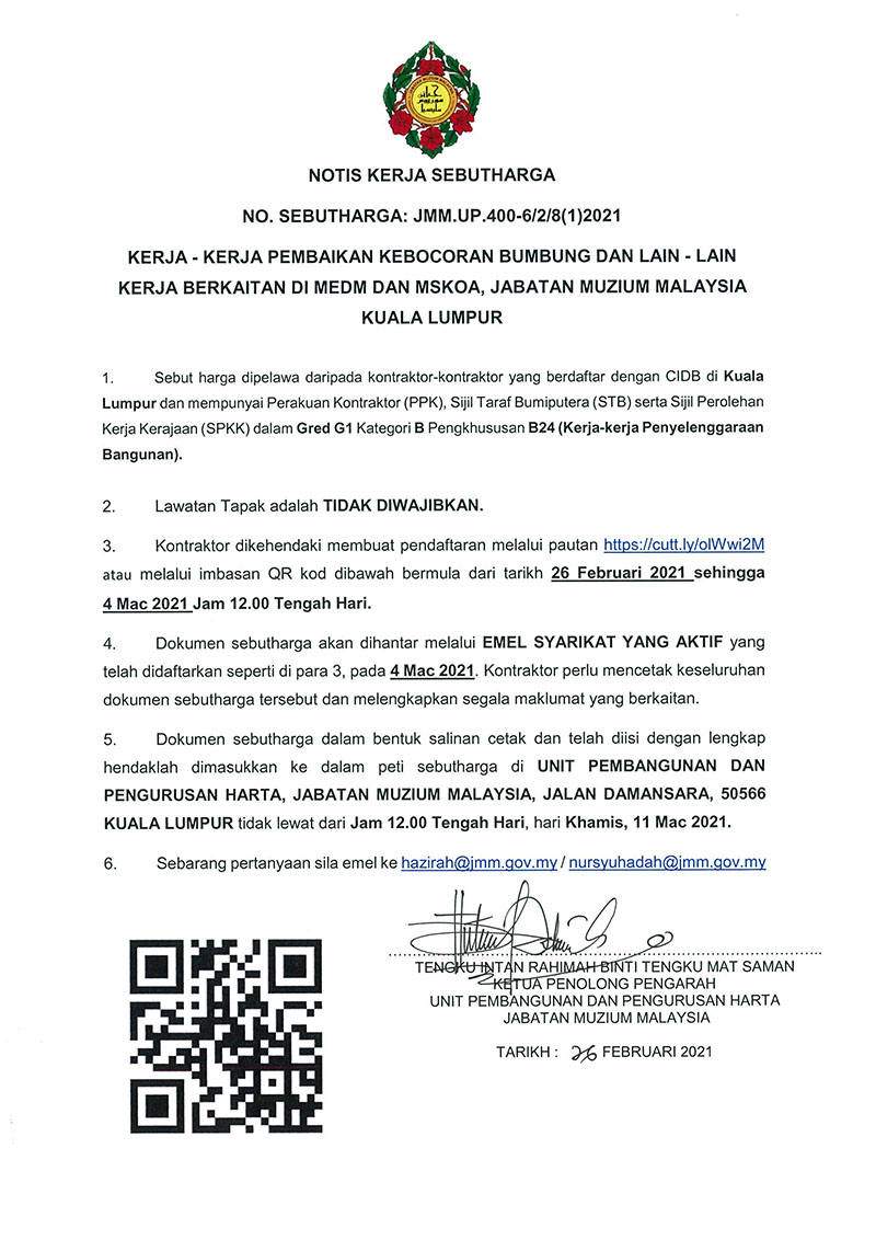 Kerja - Kerja Pembaikan Kebocoran Bumbung Dan Lain - Lain Kerja Berkaitan Di MEDM Dan MSKOA, Jabatan Muzium Malaysia Kuala Lumpur