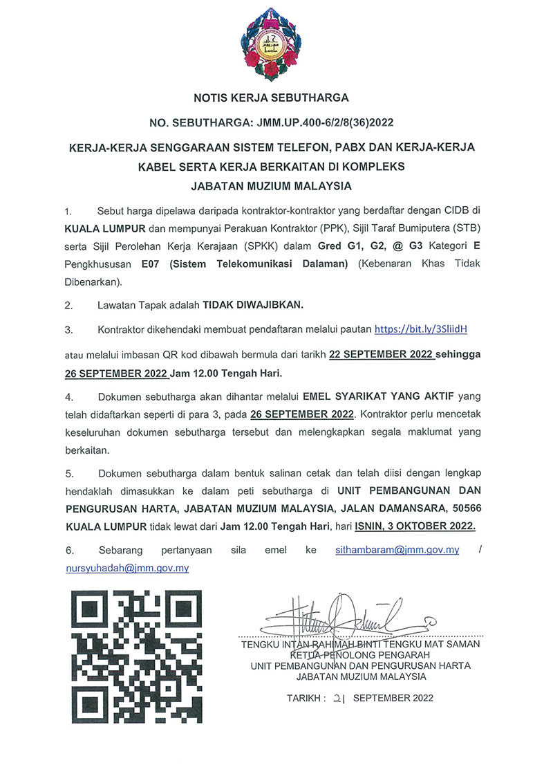 Kerja-Kerja Senggaraan Sistem Telefon, Pabx Dan Kerja-Kerja Kabel Serta Kerja Berkaitan Di Kompleks Jabatan Muzium Malaysia