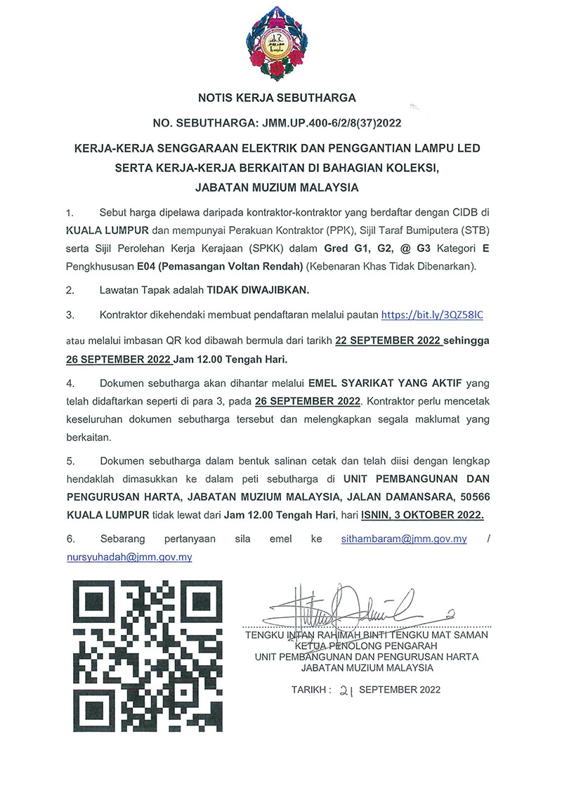 Kerja-Kerja Senggaraan Elektrik Dan Penggantian Lampu Led Serta Kerja-Kerja Berkaitan Di Bahagian Koleksi, Jabatan Muzium Malaysia