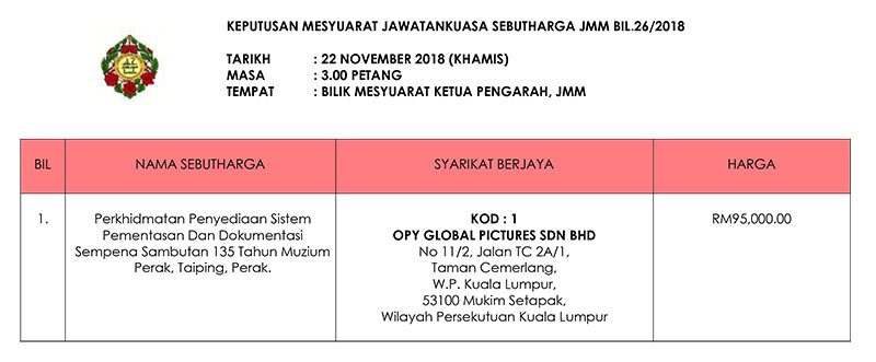 Keputusan Mesyuarat Jawatankuasa Sebutharga JMM Bil. 26 Tahun 2018