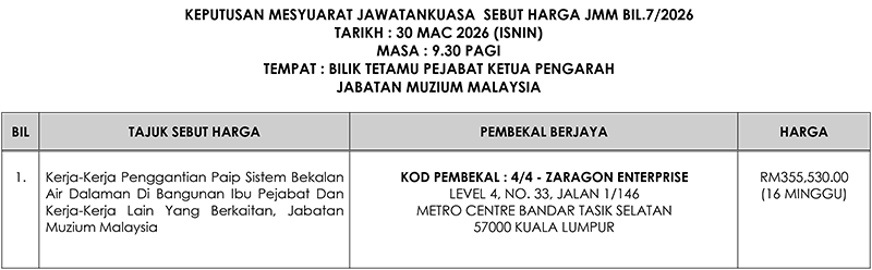 Keputusan Mesyuarat Jawatankuasa Sebutharga JMM Bil.2/2026