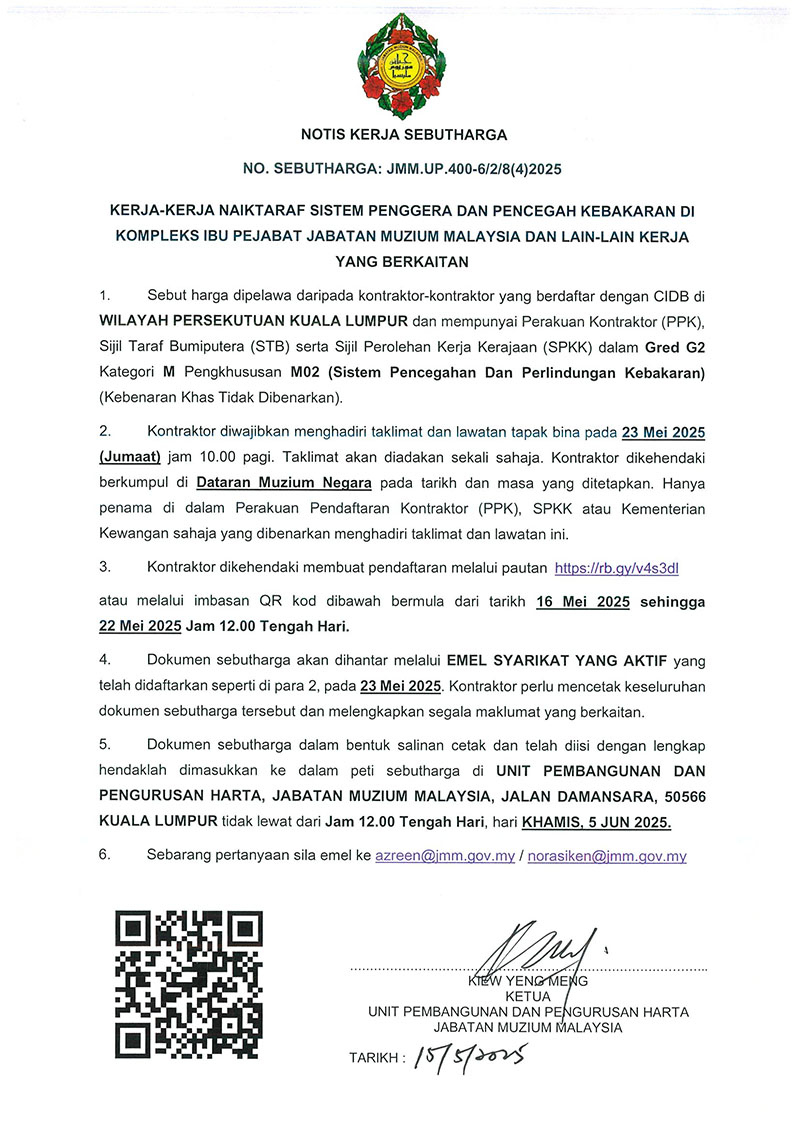 (Notis Sebutharga) Kerja-Kerja Naiktaraf Sistem Penggera Dan Pencegah Kebakaran Di Kompleks Ibu Pejabat JMM Dan Lain-Lain Kerja Yang Berkaitan 
