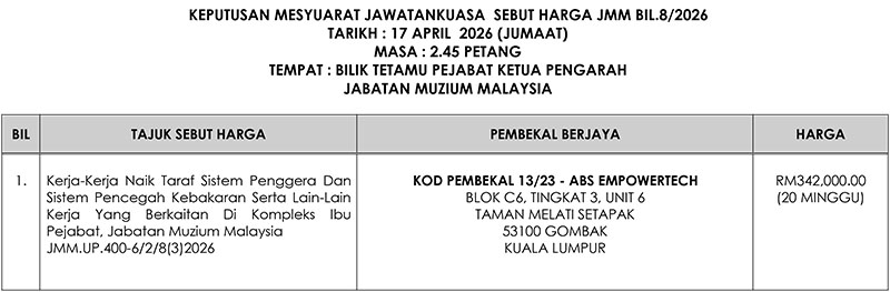 Keputusan Mesyuarat Jawatankuasa Sebutharga JMM Bil.8/2026
