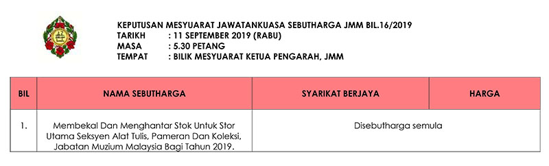 Keputusan Mesyuarat Jawatankuasa Sebutharga JMM Bil. 16 Tahun 2019