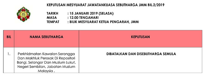 Keputusan Mesyuarat Jawatankuasa Sebutharga JMM Bil. 2 Tahun 2019