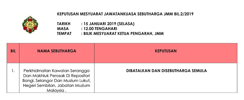 Keputusan Mesyuarat Jawatankuasa Sebutharga JMM Bil. 2 Tahun 2019