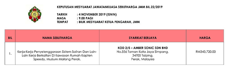 Keputusan Mesyuarat Jawatankuasa Sebutharga JMM Bil. 22 Tahun 2019