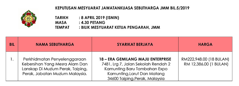 Keputusan Mesyuarat Jawatankuasa Sebutharga JMM Bil. 5 Tahun 2019