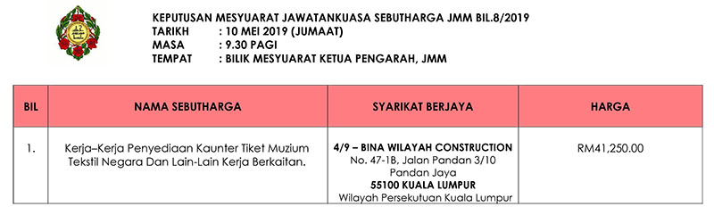 Keputusan Mesyuarat Jawatankuasa Sebutharga JMM Bil. 8 Tahun 2019