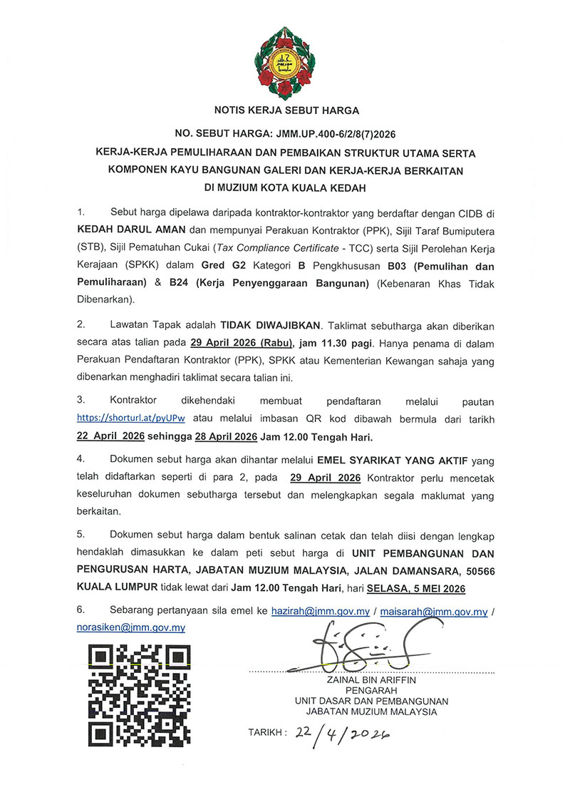 (Notis Sebutharga) Kerja-Kerja Pemuliharaan Dan Pembaikan Struktur Utama Serta Komponen Kayu Bangunan Galeri Dan Kerja-Kerja Berkaitan di MKKK