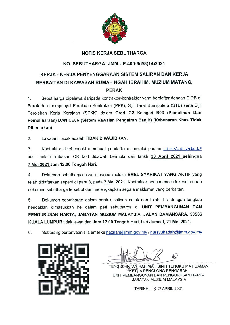 Kerja-Kerja Penyenggaraan Sistem Saliran Dan Kerja Berkaitan di Kawasan Rumah Ngah Ibrahim, Muzium Matang, Perak