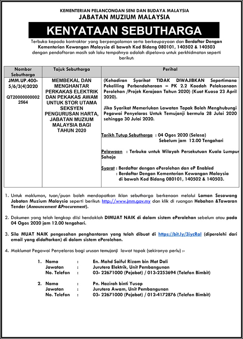 Membekal Dan Menghantar Perkakas Elektrik Dan Perkakas Awam Untuk Stor Utama Seksyen Pengurusan Harta JMM Bagi Tahun 2020