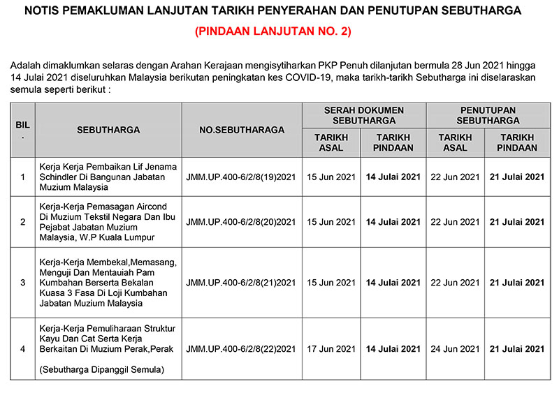 Notis Pemakluman Lanjutan Tarikh Penyerahan Dan Penutupan Sebutharga