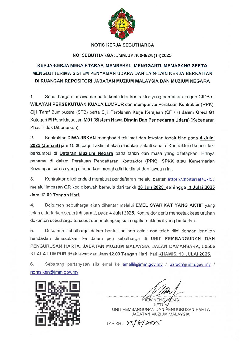 Kerja-Kerja Menaiktaraf, Membekal, Mengganti, Memasang Serta Menguji Terima Sistem Penyaman Udara Dan Lain-Lain Kerja Berkaitan Di Ruangan Repositori JMM Dan Muzium Negara 