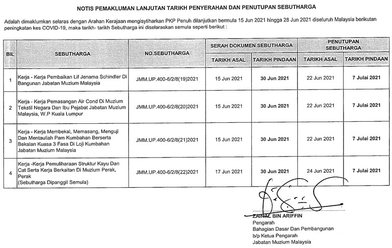 Notis Pemakluman Lanjutan Tarikh Penyerahan dan Penutupan Sebutharga