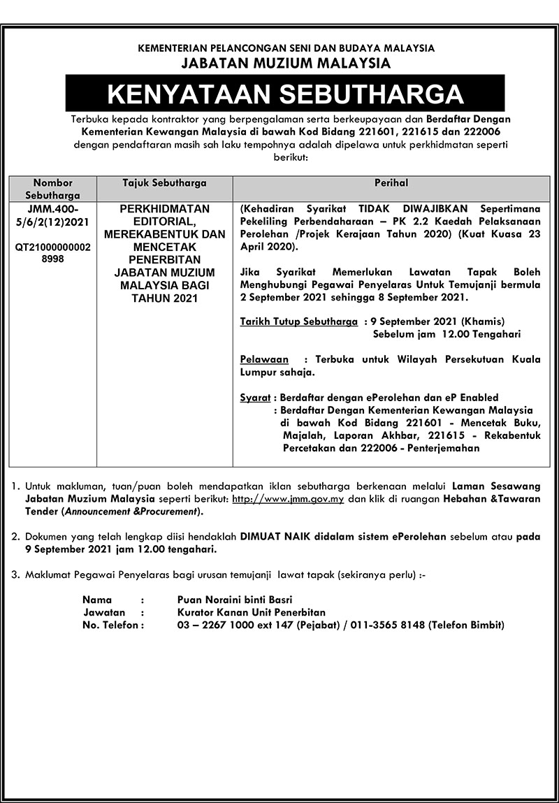 Perkhidmatan Editorial, Merekabentuk Dan Mencetak Penerbitan Jabatan Muzium Malaysia Bagi Tahun 2021