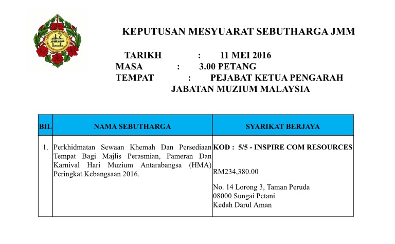 Keputusan Mesyuarat Sebutharga Bil. 8/2016