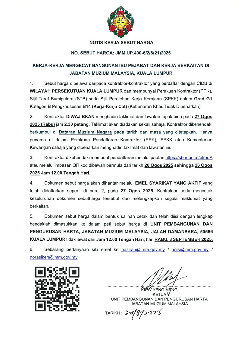 (Notis Sebutharga) Kerja-Kerja Mengecat Bangunan Ibu Pejabat Dan Kerja Berkaitan di Jabatan Muzium Malaysia, Kuala Lumpur