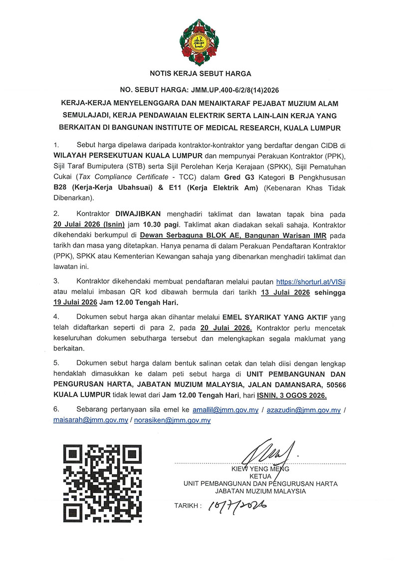 Kerja-Kerja Menyelenggara Dan Menaiktaraf Pejabat Muzium Alam Semulajadi, Kerja Pendawaian Elektrik Serta Lain-Lain Kerja Yang Berkaitan Di Bangunan IMR, Kuala Lumpur