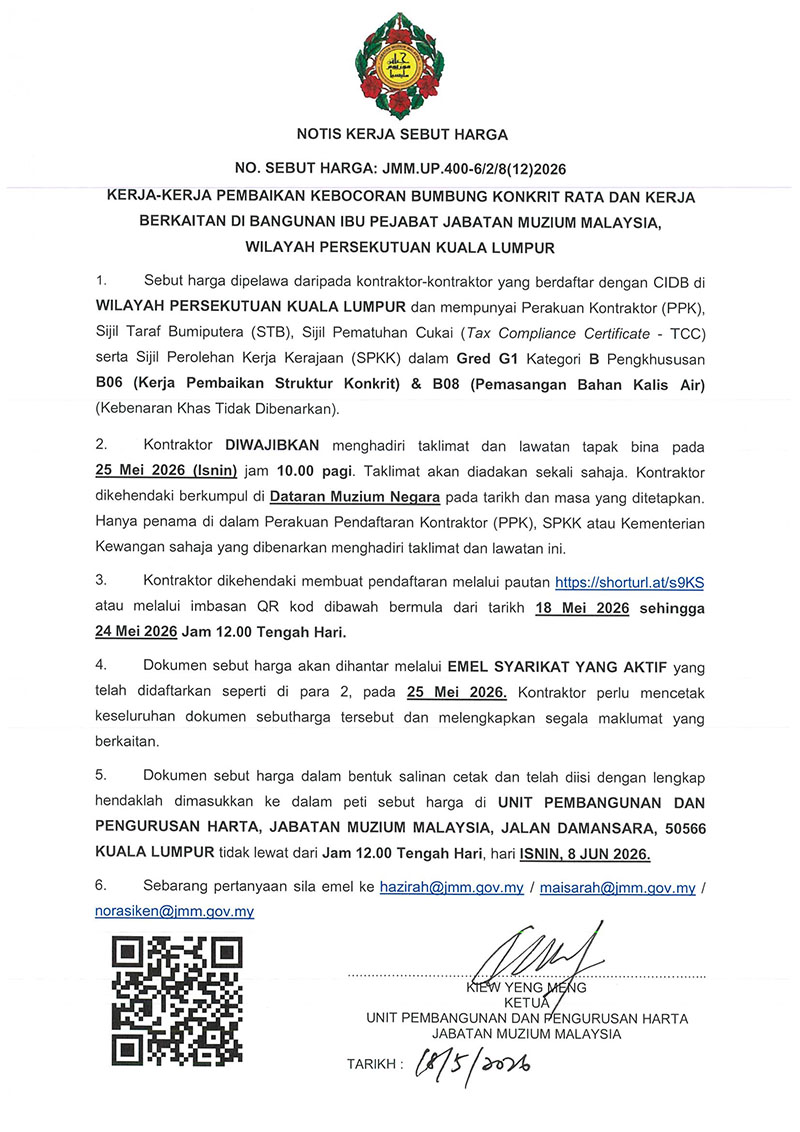 (Notis Sebutharga) Kerja-Kerja Pembaikan Kebocoran Bumbung Konkrit Rata Dan Kerja Berkaitan Di Bangunan Ibu Pejabat JMM, Wilayah Persekutuan Kuala Lumpur