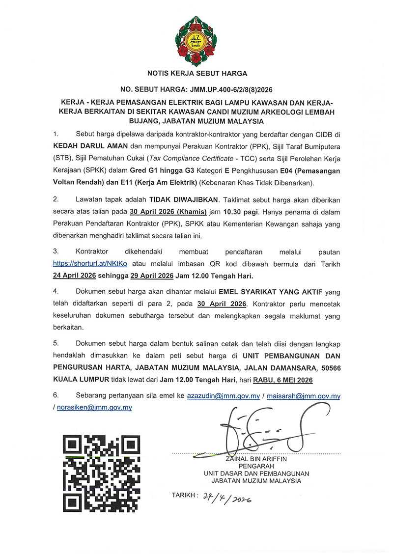 (Notis Sebutharga) Kerja-Kerja Pemasangan Elektrik Bagi Lampu Kawasan Dan Kerja-Kerja Berkaitan Di Sekitar Kawasan Candi Muzium Arkeologi Lembah Bujang, JMM