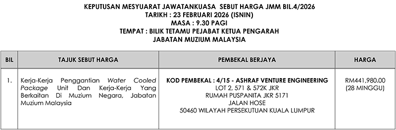 Keputusan Mesyuarat Jawatankuasa Sebutharga JMM Bil.1/2026