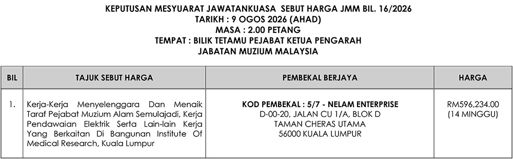 Keputusan Mesyuarat Jawatankuasa Sebutharga JMM Bil.16/2026