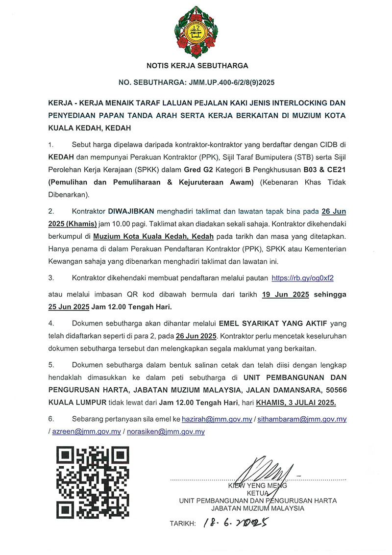 (Notis Sebutharga) Kerja-Kerja Menaik Taraf Laluan Pejalan Kaki Jenis Interlocking Dan Penyediaan Papan Tanda Arah Serta Kerja Berkaitan Di Muzium Kota Kuala Kedah, Kedah