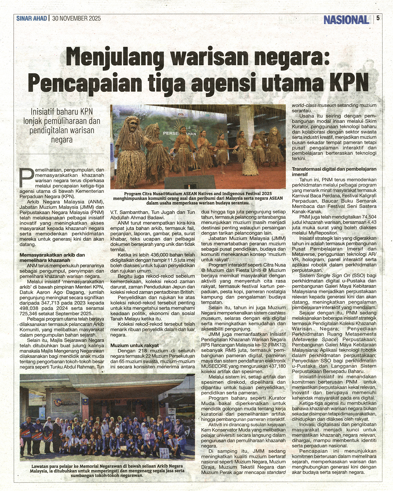 (Sinar Harian) Menjulang Warisan Negara: Pencapaian tiga agensi utama KPN (30/11/25)