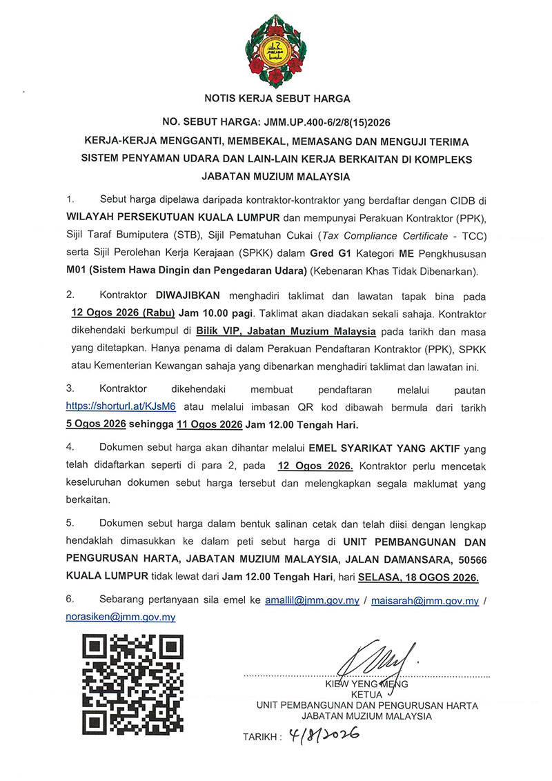 (Notis Sebutharga) Kerja-Kerja Mengganti, Membekal, Memasang Dan Menguji Terima Sistem Penyaman Udara Dan Lain-Lain Kerja Berkaitan Di Kompleks JMM